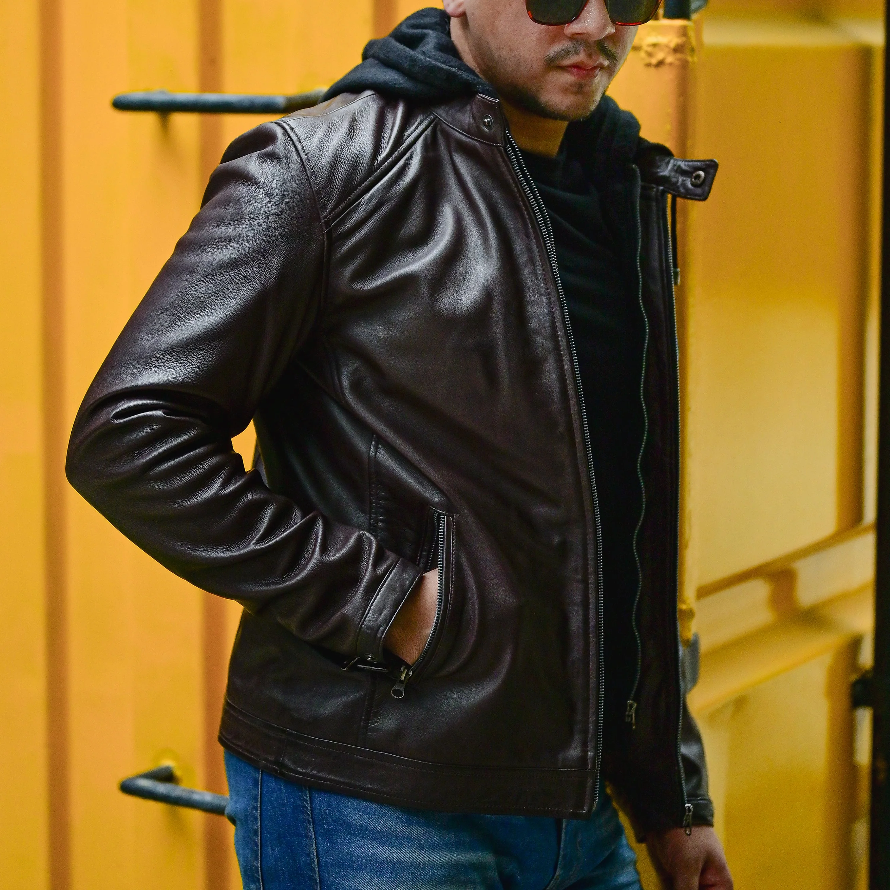 Mens Black Casual Hooded Vintage Leather Jacket with Removable Hood